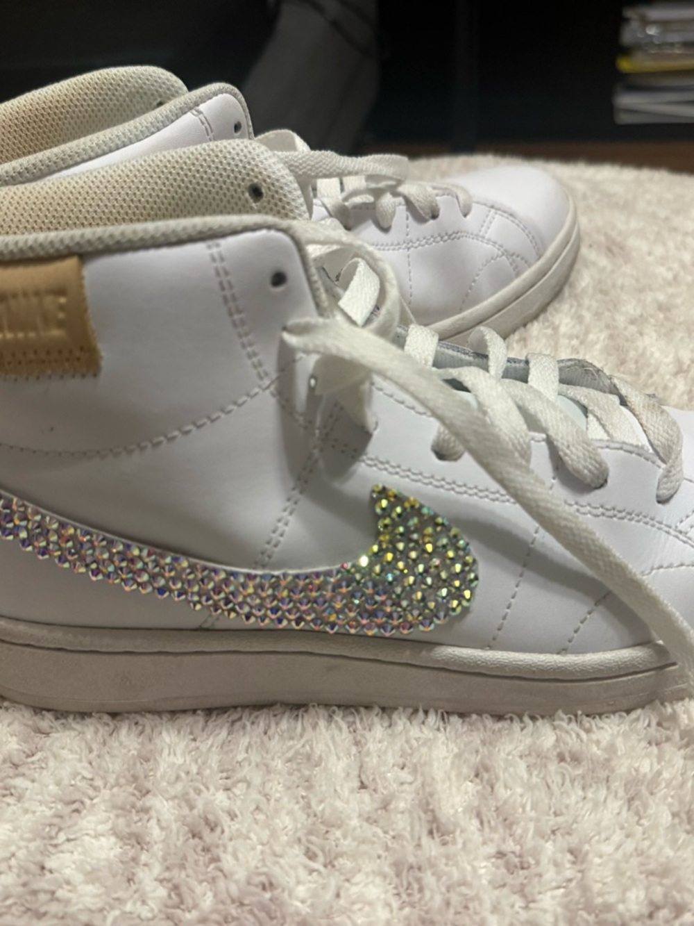 Nike Air Force One White High-Top Sneakers with Iridescent Crystal Swoosh